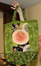 Green Quilted Tote Bag with Pink Flowers